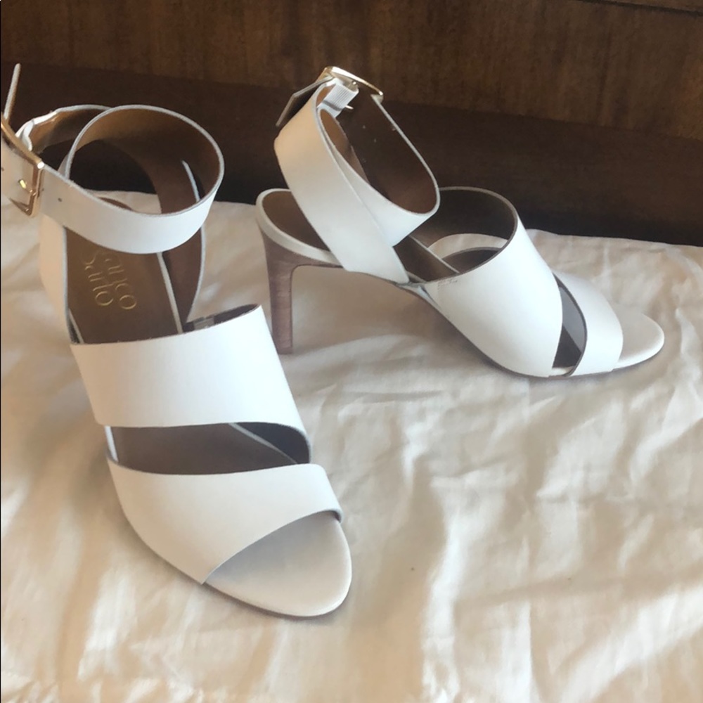 Stylish white healed ankle wrap sandals!